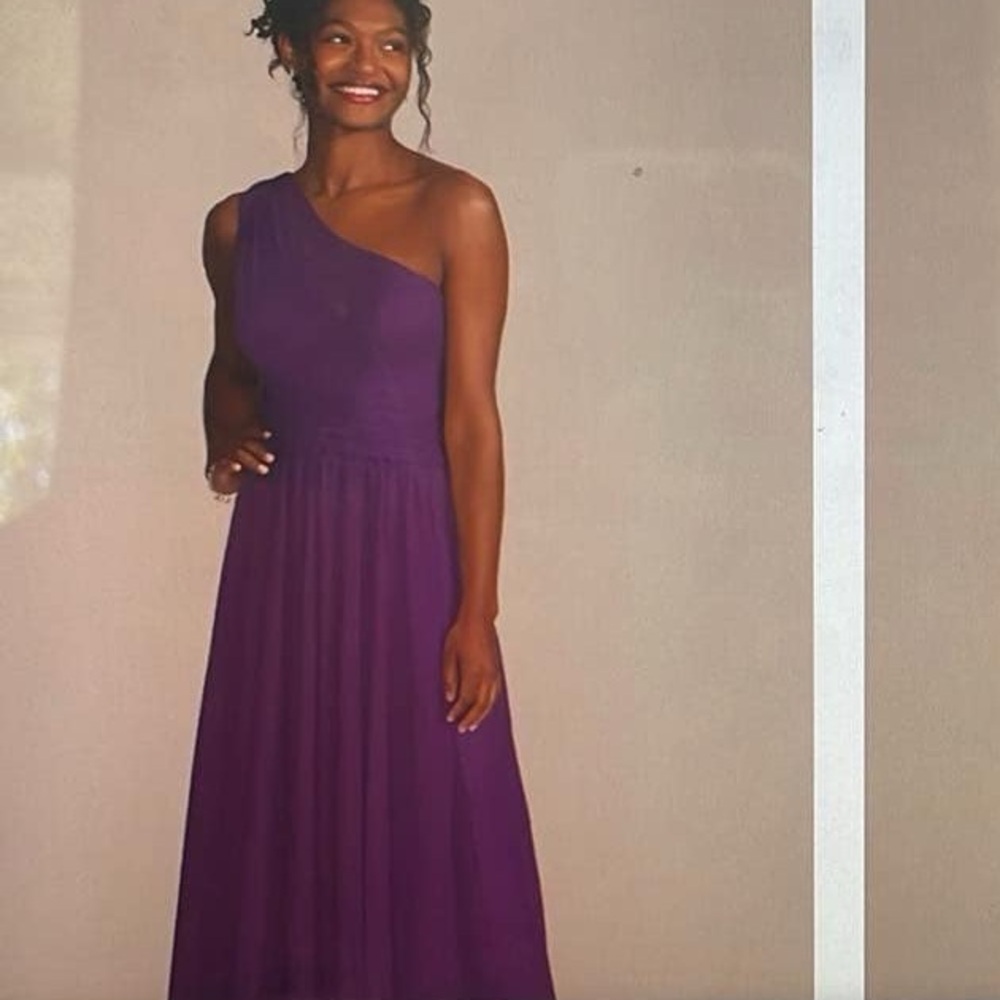 David’s Bridal Celebrate DB mesh plum one shoulder dress